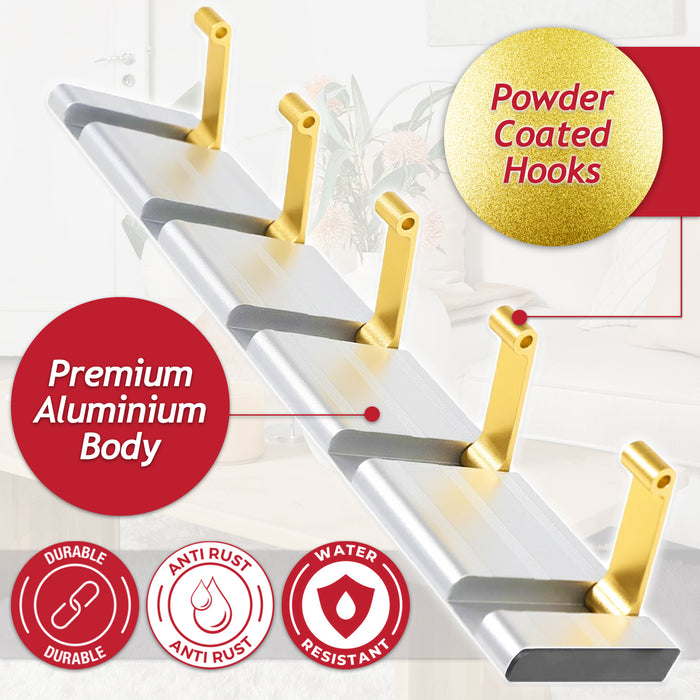 Luxury Wall Mounted Coat Rack 5 Hooks Aluminium Retractable Hanging Hook Rail (Silver + Gold)
