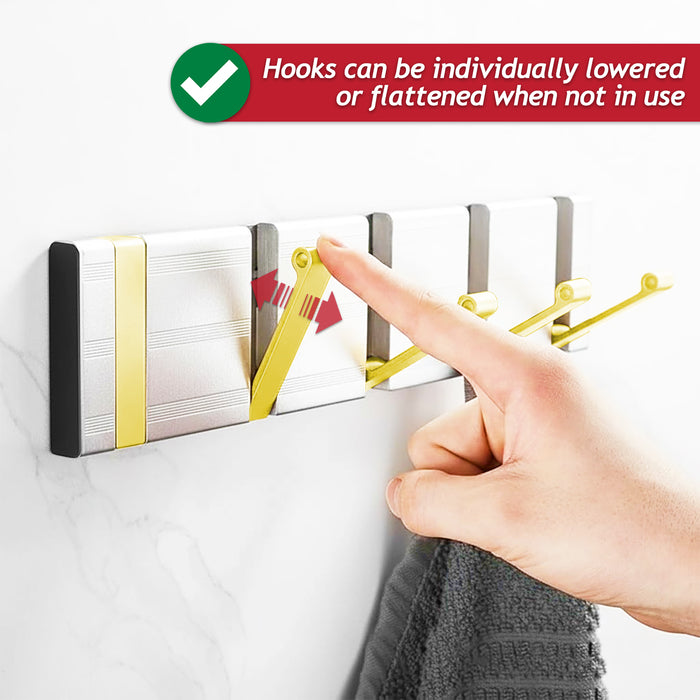 Luxury Wall Mounted Coat Rack 5 Hooks Aluminium Retractable Hanging Hook Rail (Silver + Gold)