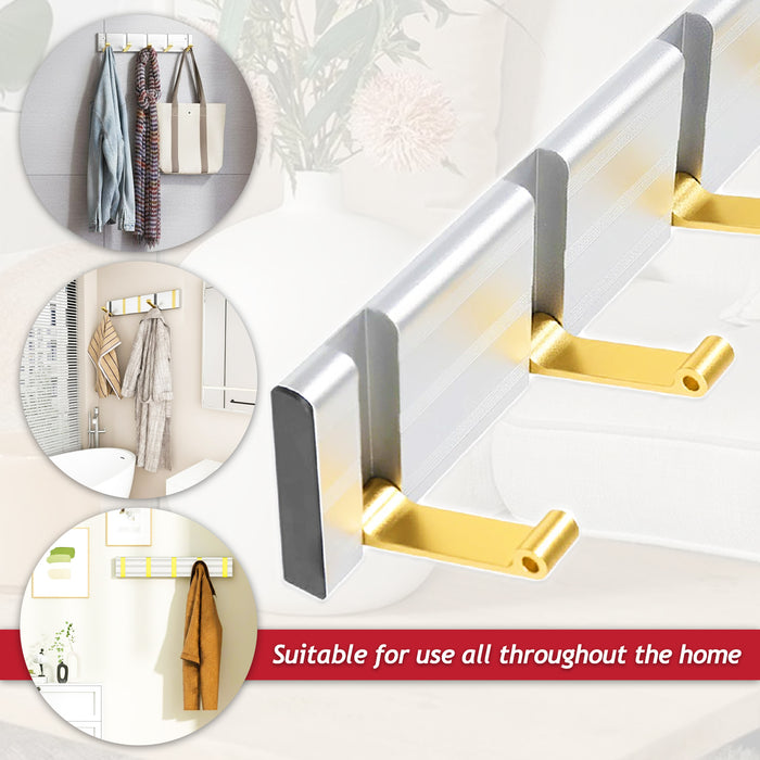 Luxury Wall Mounted Coat Rack 5 Hooks Aluminium Retractable Hanging Hook Rail (Silver + Gold)