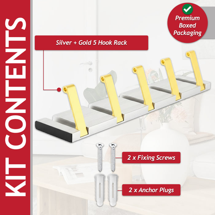 Luxury Wall Mounted Coat Rack 5 Hooks Aluminium Retractable Hanging Hook Rail (Silver + Gold)