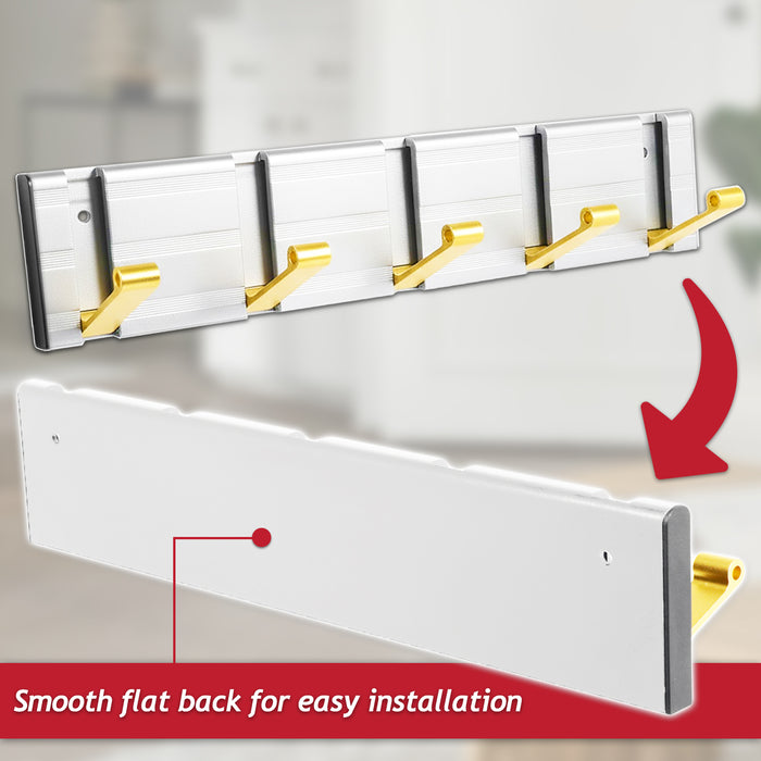 Luxury Wall Mounted Coat Rack 5 Hooks Aluminium Retractable Hanging Hook Rail (Silver + Gold)