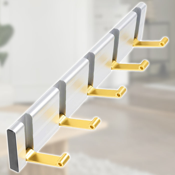 Luxury Wall Mounted Coat Rack 5 Hooks Aluminium Retractable Hanging Hook Rail (Silver + Gold)