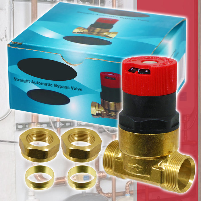 22mm Straight Automatic Bypass Valve ABV Auto Boiler TRV Radiator Pressure (50L p/m)