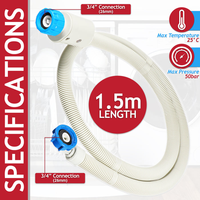 Safety Inlet Hose Washing Machine Dishwasher Water Fill Leak Protection Stop Valve Pipe (1.5m Length, 3/4" Connections)