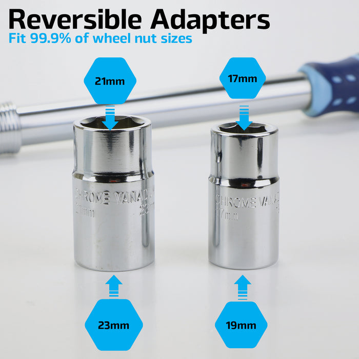 Extendable Wheel Nut Wrench 1/2" Drive Brace Breaker Bar Kit (with 17mm / 19mm and 21mm / 23mm Reversible Sockets)