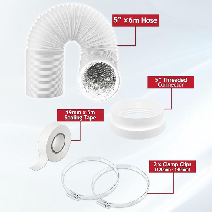 Vent Hose Air Con Conditioner 5" 6m PVC Aluminium AC Duct Pipe Connector Kit