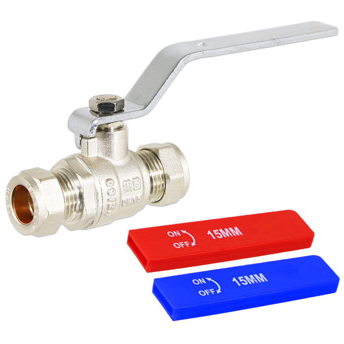 Full Bore Lever Ball Valve Isolating Stop Tap Kit with Blue (Cold) and Red (Hot) Handle Sleeves (15mm)