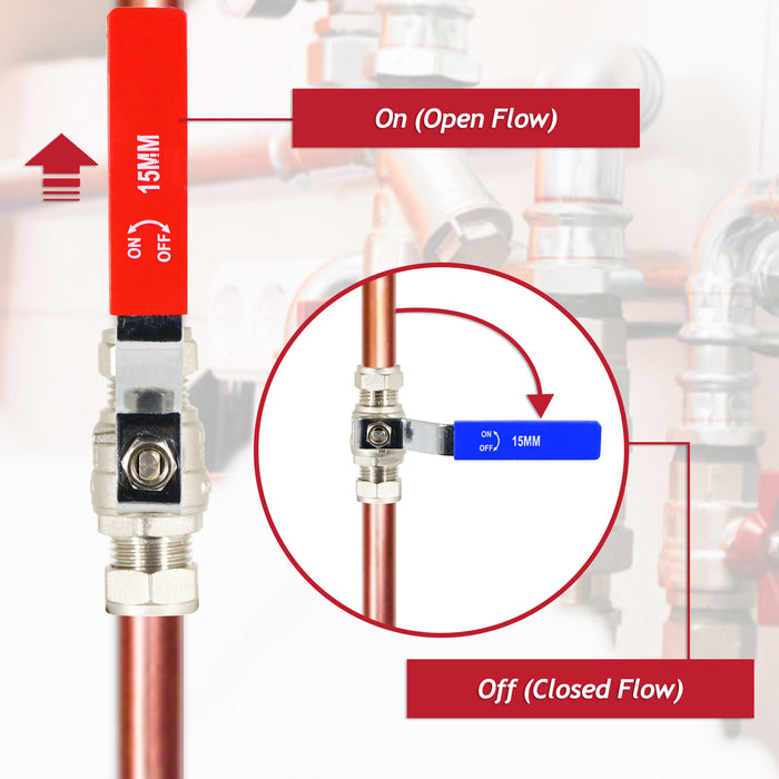 Full Bore Lever Ball Valve Isolating Stop Tap Kit with Blue (Cold) and Red (Hot) Handle Sleeves (15mm)