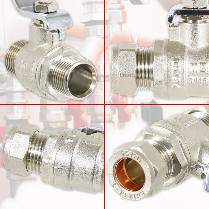 Full Bore Lever Ball Valve Isolating Stop Tap Kit with Blue (Cold) and Red (Hot) Handle Sleeves (15mm)