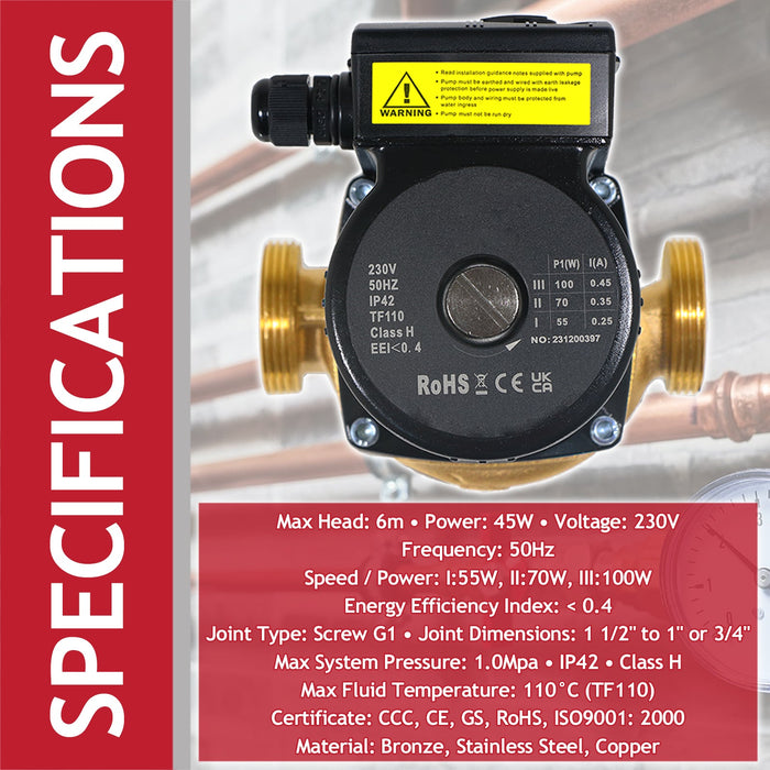 Hot Water Circulator Pump Universal Bronze Circulation System (45W, 230V, 50Hz, 130mm)