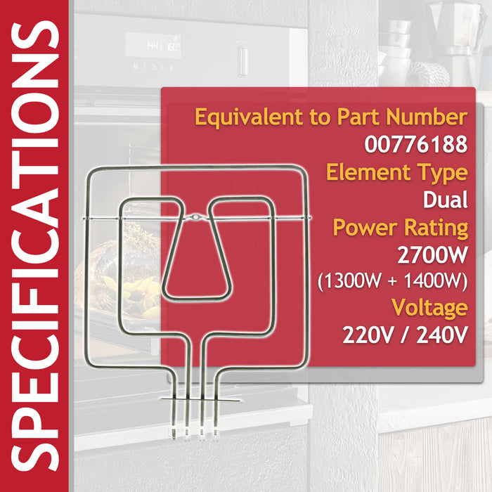 Dual Heating Element for Bosch Neff Siemens Top Grill Oven Cooker (2700W, 220V / 240V)