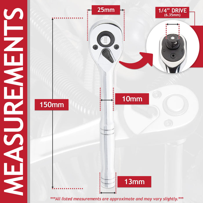 1/4" Socket Ratchet Square Drive 100 Teeth Quick Release Reversible Chrome Vanadium Steel Tool