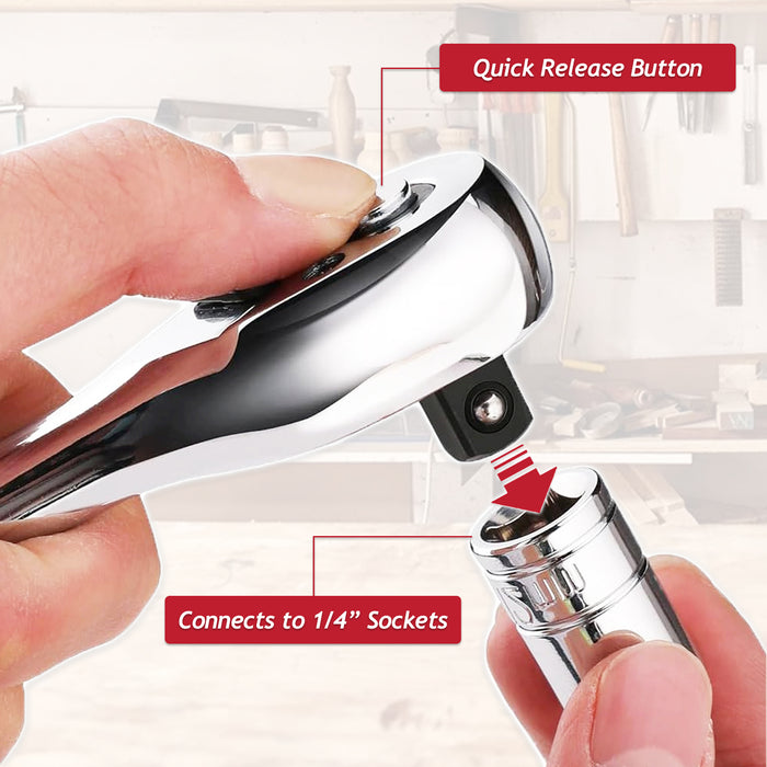 1/4" Socket Ratchet Square Drive 100 Teeth Quick Release Reversible Chrome Vanadium Steel Tool