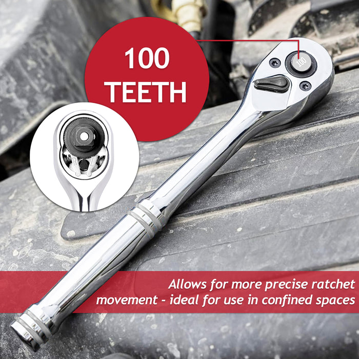 3/8" Socket Ratchet Square Drive 100 Teeth Quick Release Reversible Chrome Vanadium Steel Tool