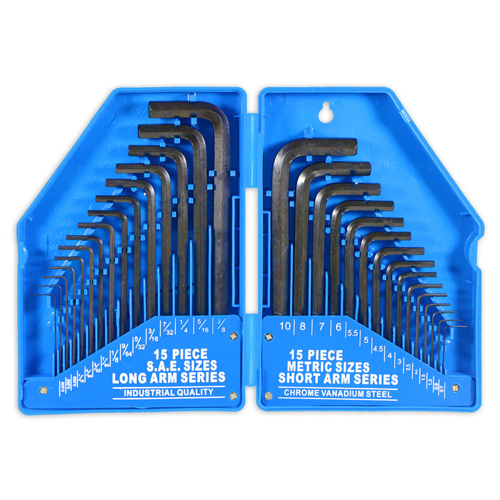 Hex Key Set 30 Piece Long Short Arm Metric SAE Imperial Chrome Vanadium Steel Allen Keys