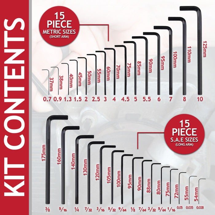 Hex Key Set 30 Piece Long Short Arm Metric SAE Imperial Chrome Vanadium Steel Allen Keys with Storage Carry Case