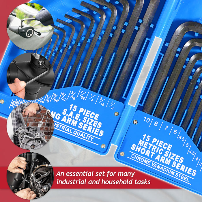 Hex Key Set 30 Piece Long Short Arm Metric SAE Imperial Chrome Vanadium Steel Allen Keys with Storage Carry Case