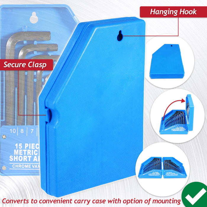 Hex Key Set 30 Piece Long Short Arm Metric SAE Imperial Chrome Vanadium Steel Allen Keys with Storage Carry Case