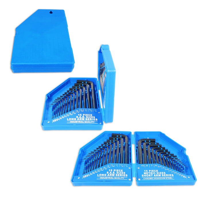 Hex Key Set 30 Piece Long Short Arm Metric SAE Imperial Chrome Vanadium Steel Allen Keys with Storage Carry Case