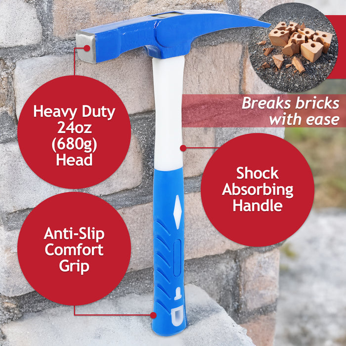 Brick Hammer Chisel 24oz Heavy Duty Fibreglass Handle Non Slip Grip Masonry Tool