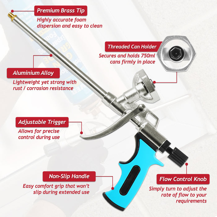 Expanding Foam Applicator Gun Caulking Sealing Filling Spray Tool Kit (for 750ml Threaded Connector Cans)
