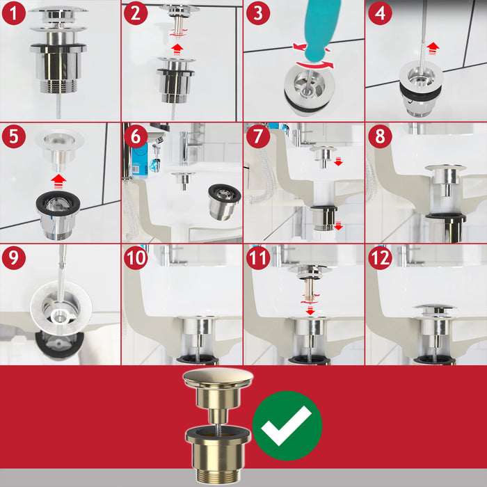 Clicker Basin Waste Plug 1 1/4" 60mm Click Clack Bathroom Sink Pop Up Push Dome (Brushed Brass)