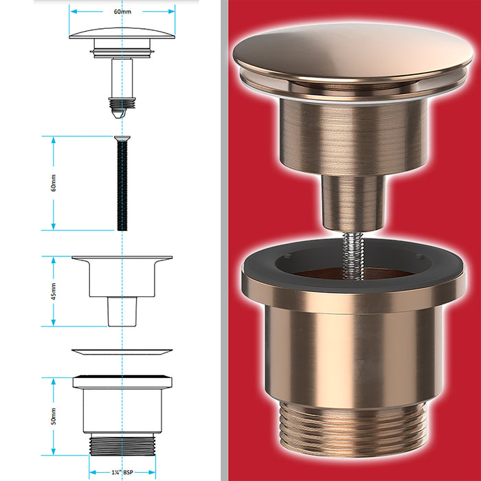 Clicker Basin Waste Plug 1 1/4" 60mm Click Clack Bathroom Sink Pop Up Push Dome (Brushed Copper)
