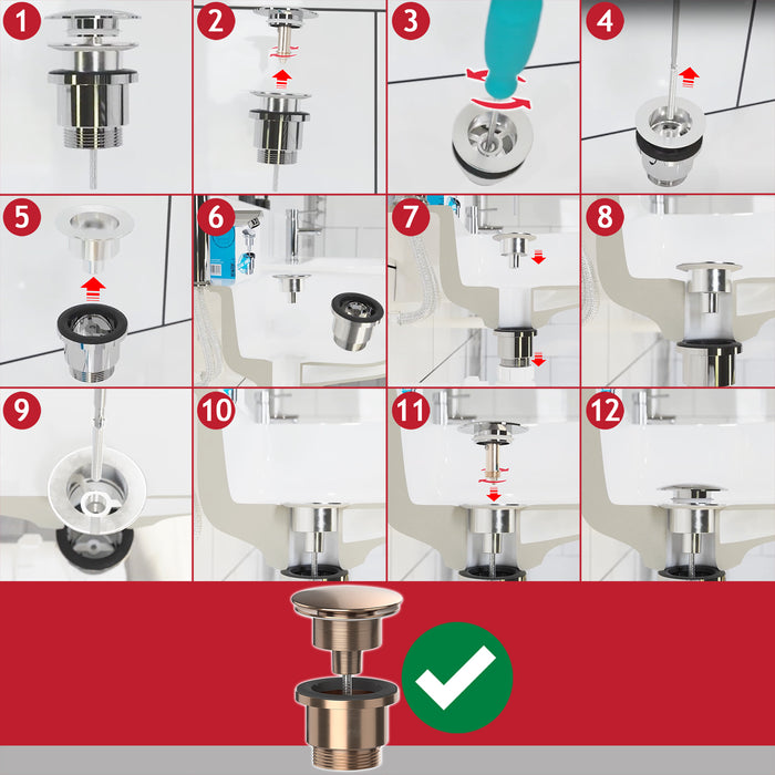 Clicker Basin Waste Plug 1 1/4" 60mm Click Clack Bathroom Sink Pop Up Push Dome (Brushed Copper)