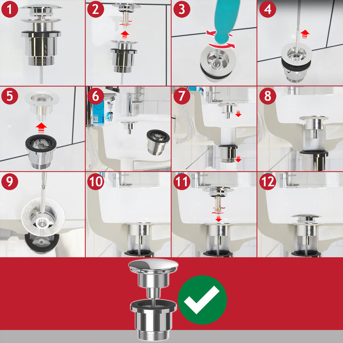 Clicker Basin Waste Plug 1 1/4" 60mm Click Clack Bathroom Sink Pop Up Push Dome (Gloss Chrome)