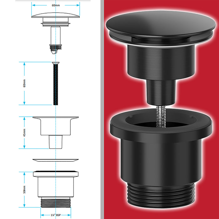 Clicker Basin Waste Plug 1 1/4" 60mm Click Clack Bathroom Sink Pop Up Push Dome (Matt Black)