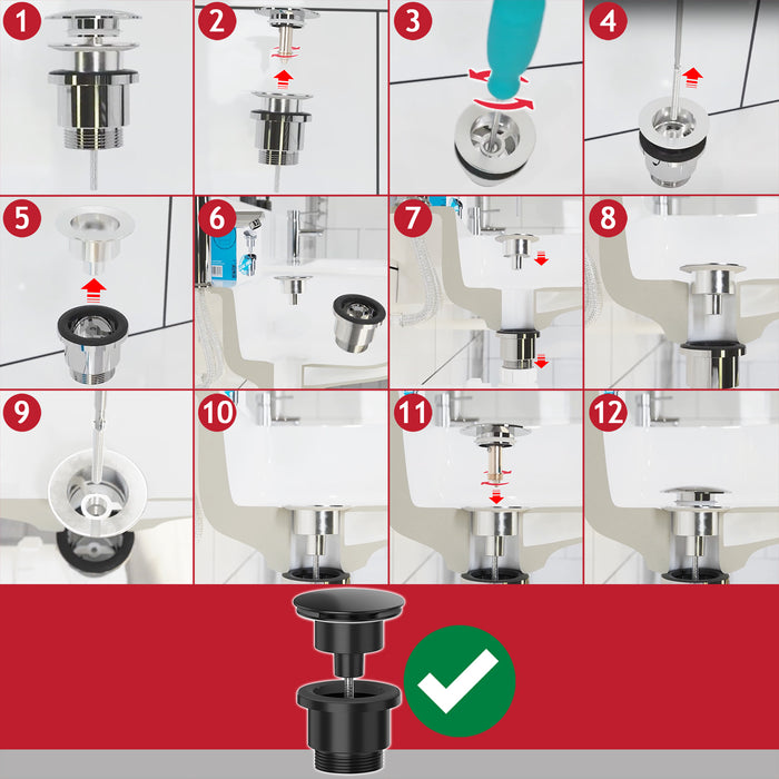 Clicker Basin Waste Plug 1 1/4" 60mm Click Clack Bathroom Sink Pop Up Push Dome (Matt Black)