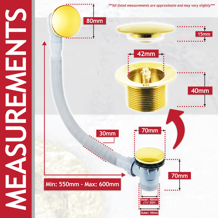 Clicker Bath Waste Plug Combination Click Clack Sprung Pop Up Overflow (Gold, 40mm / 1.5" BSP)