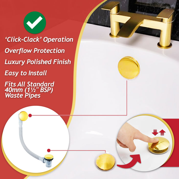 Clicker Bath Waste Plug Combination Click Clack Sprung Pop Up Overflow (Gold, 40mm / 1.5" BSP)