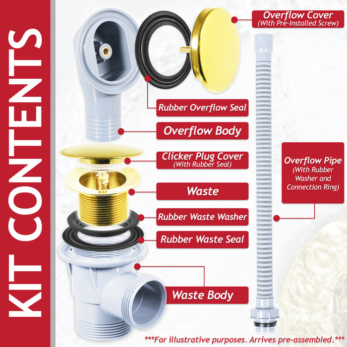 Clicker Bath Waste Plug Combination Click Clack Sprung Pop Up Overflow (Gold, 40mm / 1.5" BSP)