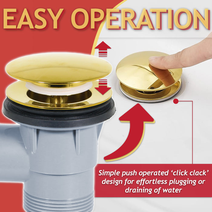 Clicker Bath Waste Plug Combination Click Clack Sprung Pop Up Overflow (Gold, 40mm / 1.5" BSP)
