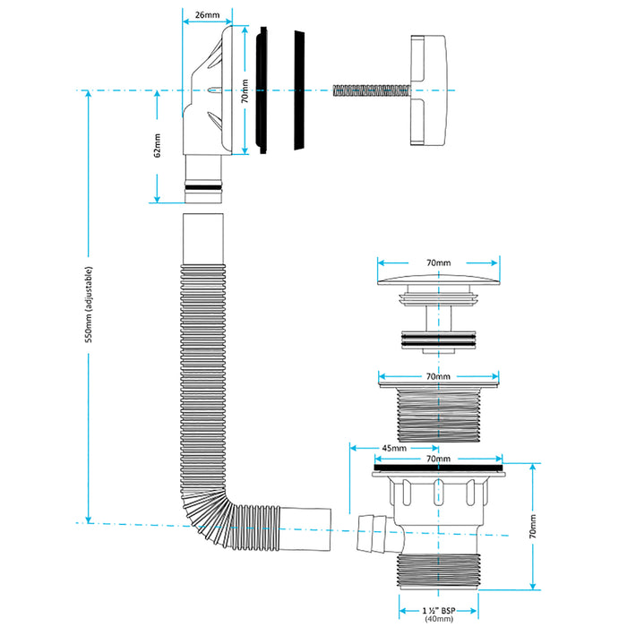 Clicker Bath Waste Plug 40mm 1.5" Combination Click Clack Overflow (Brushed Brass)