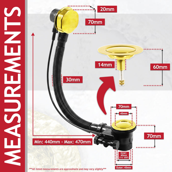 Bath Waste Plug Luxury Combination Chrome Plated Twist Pop Up Overflow (Gold, 40mm / 1.5" BSP)