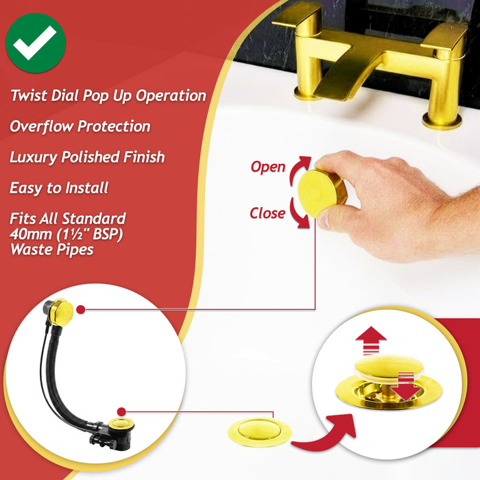 Bath Waste Plug Luxury Combination Chrome Plated Twist Pop Up Overflow (Gold, 40mm / 1.5" BSP)