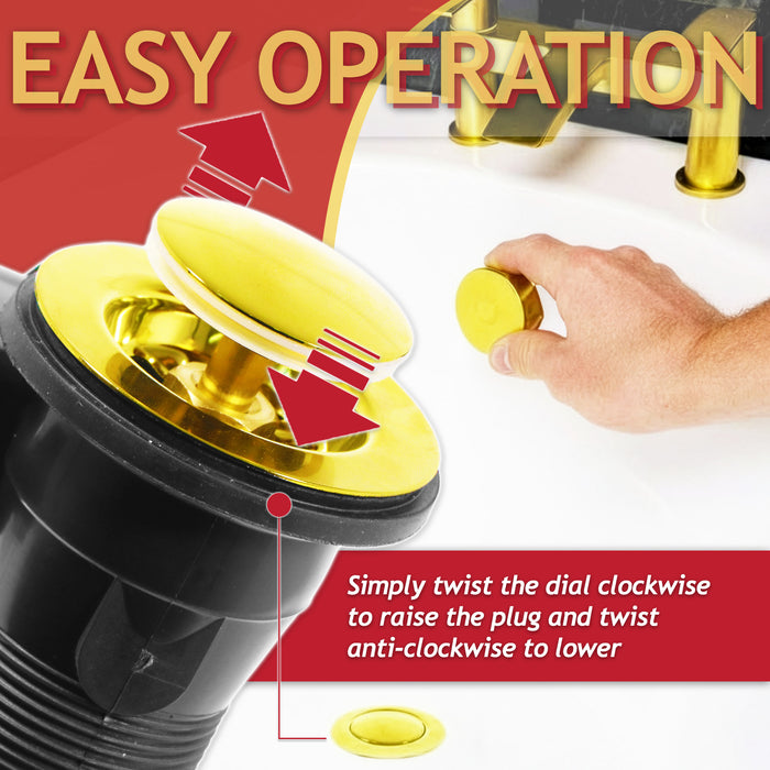 Bath Waste Plug Luxury Combination Chrome Plated Twist Pop Up Overflow (Gold, 40mm / 1.5" BSP)