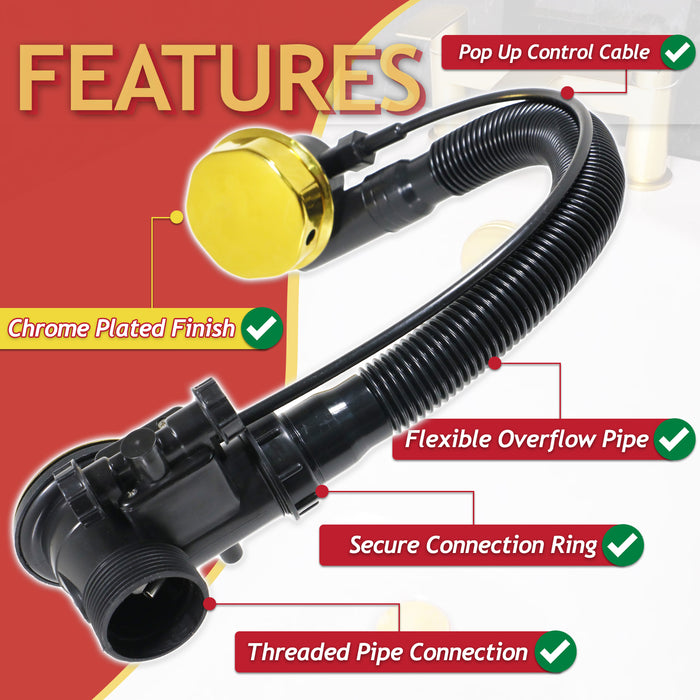 Bath Waste Plug Luxury Combination Chrome Plated Twist Pop Up Overflow (Gold, 40mm / 1.5" BSP)