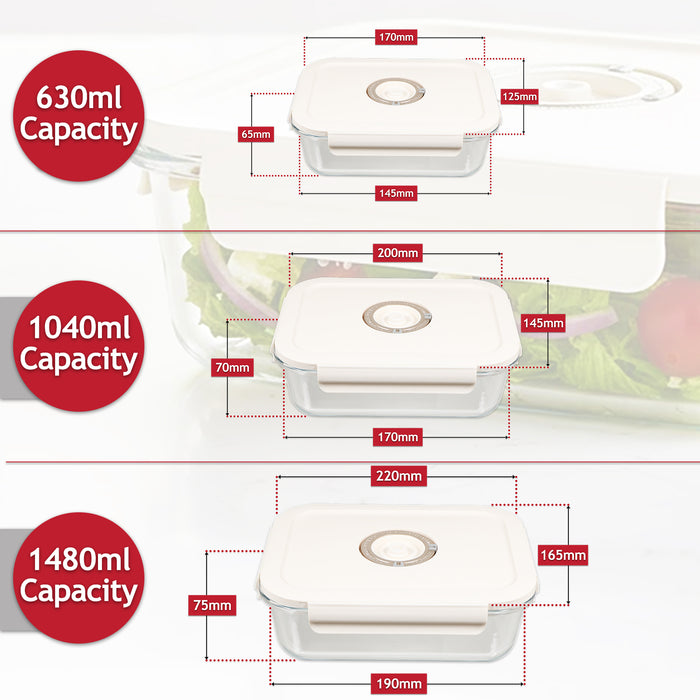 Vacuum Food Storage Glass Containers with Securing Clips Lids (Small, Medium, Large) + Manual Sealing Pump