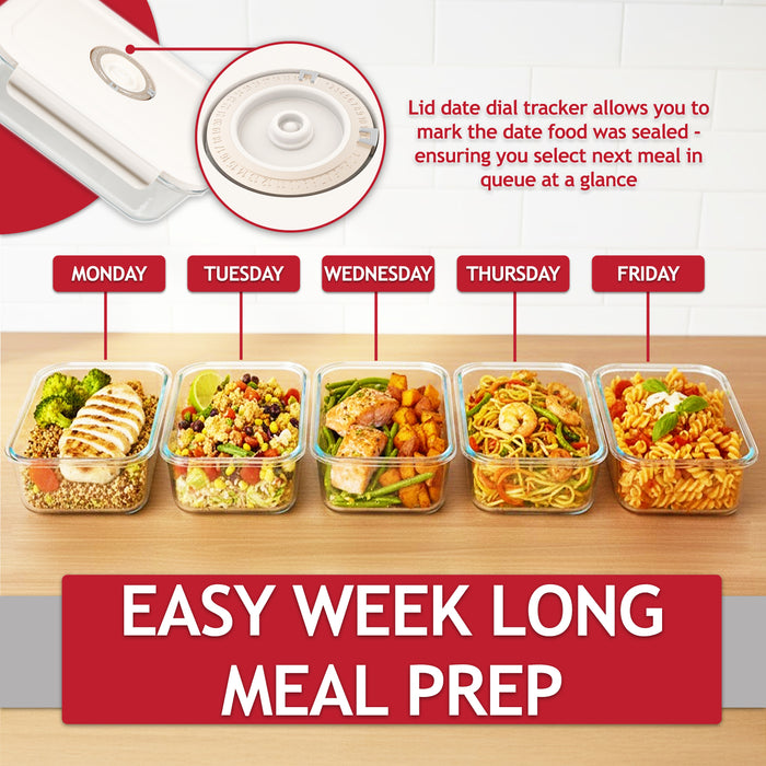 Vacuum Food Storage Glass Containers with Securing Clips Lids (Pack of 5, Medium, 1040ml) + Manual Sealing Pump