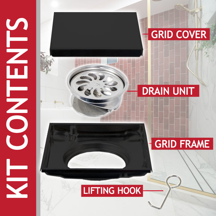 Shower Floor Drain Grate Tile Insert Invisible Stainless Steel Square Grid (Matt Black, 6" / 155mm)