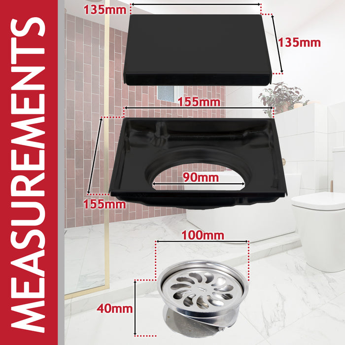 Shower Floor Drain Grate Tile Insert Invisible Stainless Steel Square Grid (Matt Black, 6" / 155mm)