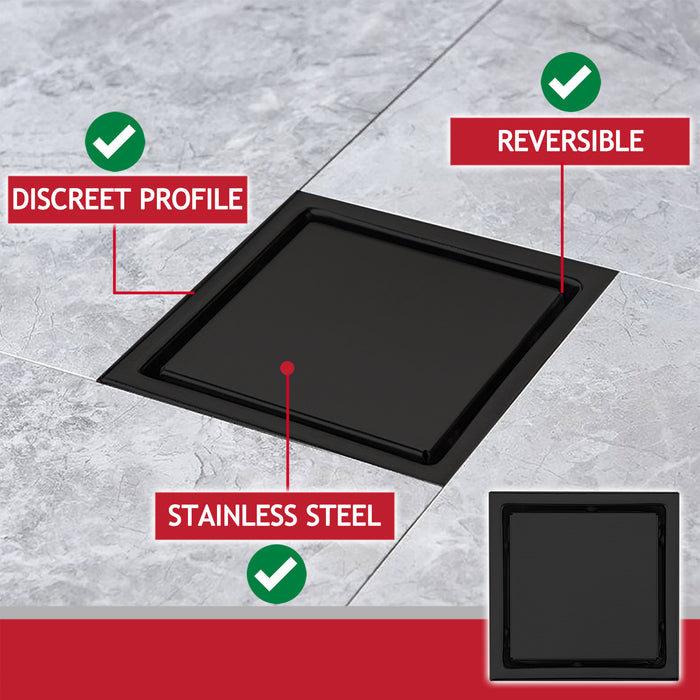Shower Floor Drain Grate Tile Insert Invisible Stainless Steel Square Grid (Matt Black, 6" / 155mm)