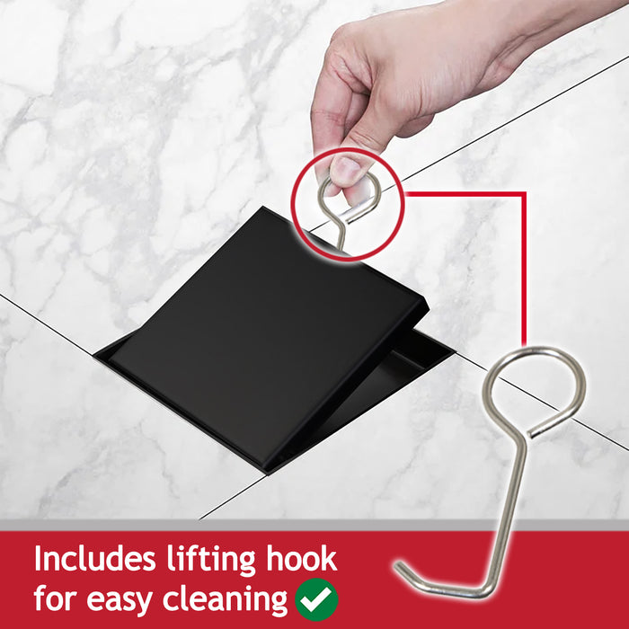 Shower Floor Drain Grate Tile Insert Invisible Stainless Steel Square Grid (Matt Black, 6" / 155mm)