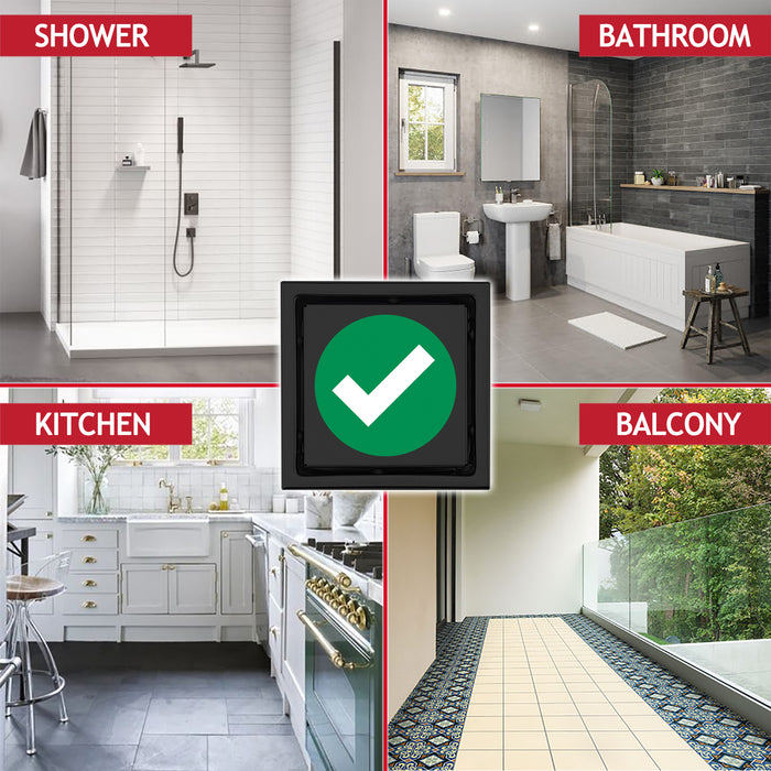 Shower Floor Drain Grate Tile Insert Invisible Stainless Steel Square Grid (Matt Black, 6" / 155mm)