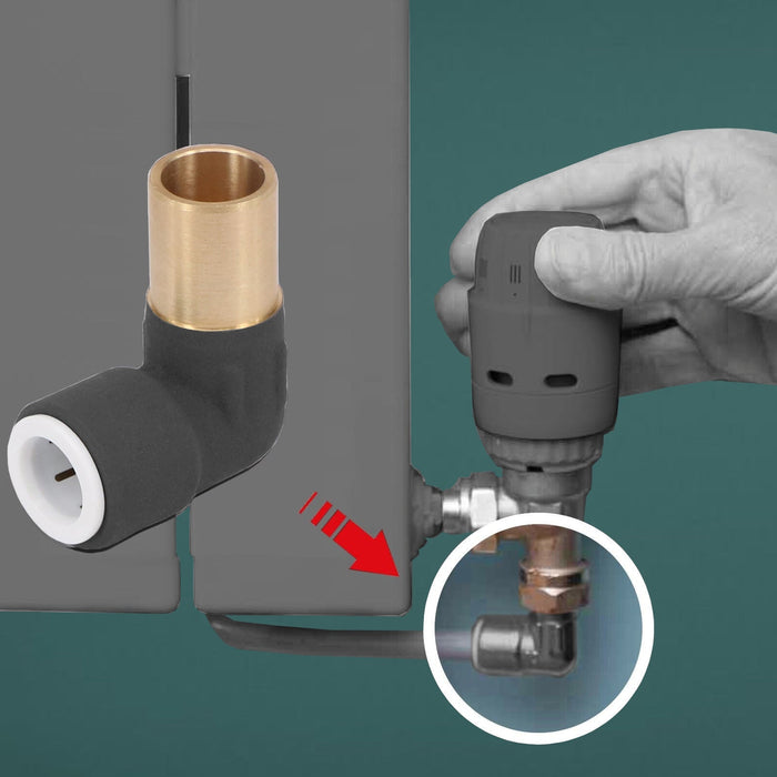 Radiator Valve Reducing Elbow Stem Compression 15mm x 10mm Pushfit Black 4 x Valves