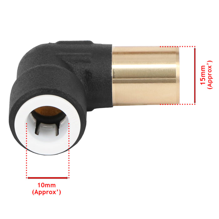 Radiator Valve Reducing Elbow Stem Compression 15mm x 10mm Pushfit Black 2 x Valves