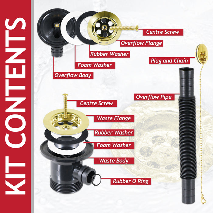 Bath Combination Waste Plug and Chain Luxury Gold Brass Flexible Overflow Pipe Kit (40mm 1 1/2")
